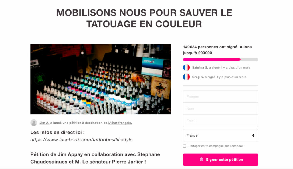 Page de pétition en ligne pour défendre les encres tatouage couleur en France en 2014