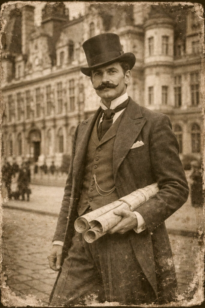 Portrait en style sépia d’un architecte du XIXe siècle devant l’Hôtel de Ville de Paris, représentant Eusèbe Chaudesaigues