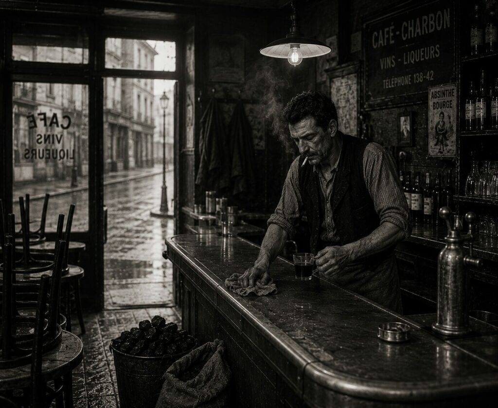 Intérieur d'un café-charbon inspiré de l'univers des bougnats parisiens.