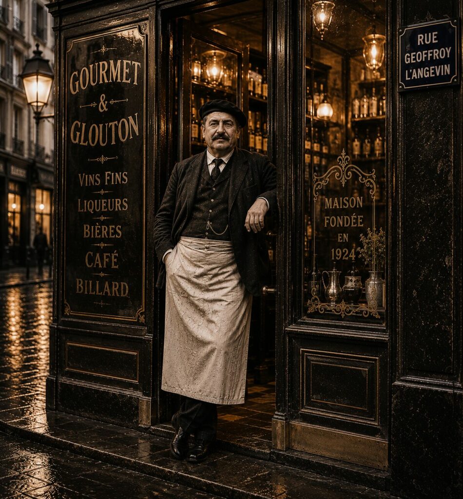 Façade de brasserie inspirée des cafés tenus par les bougnats à Paris.