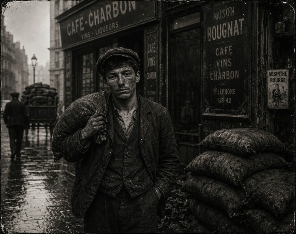 Jeune charbonnier auvergnat devant un café-charbon dans le Paris populaire.