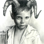 Dessin réaliste en noir et blanc représentant un enfant aux cornes de bélier, réalisé par Stéphane Chaudesaigues.