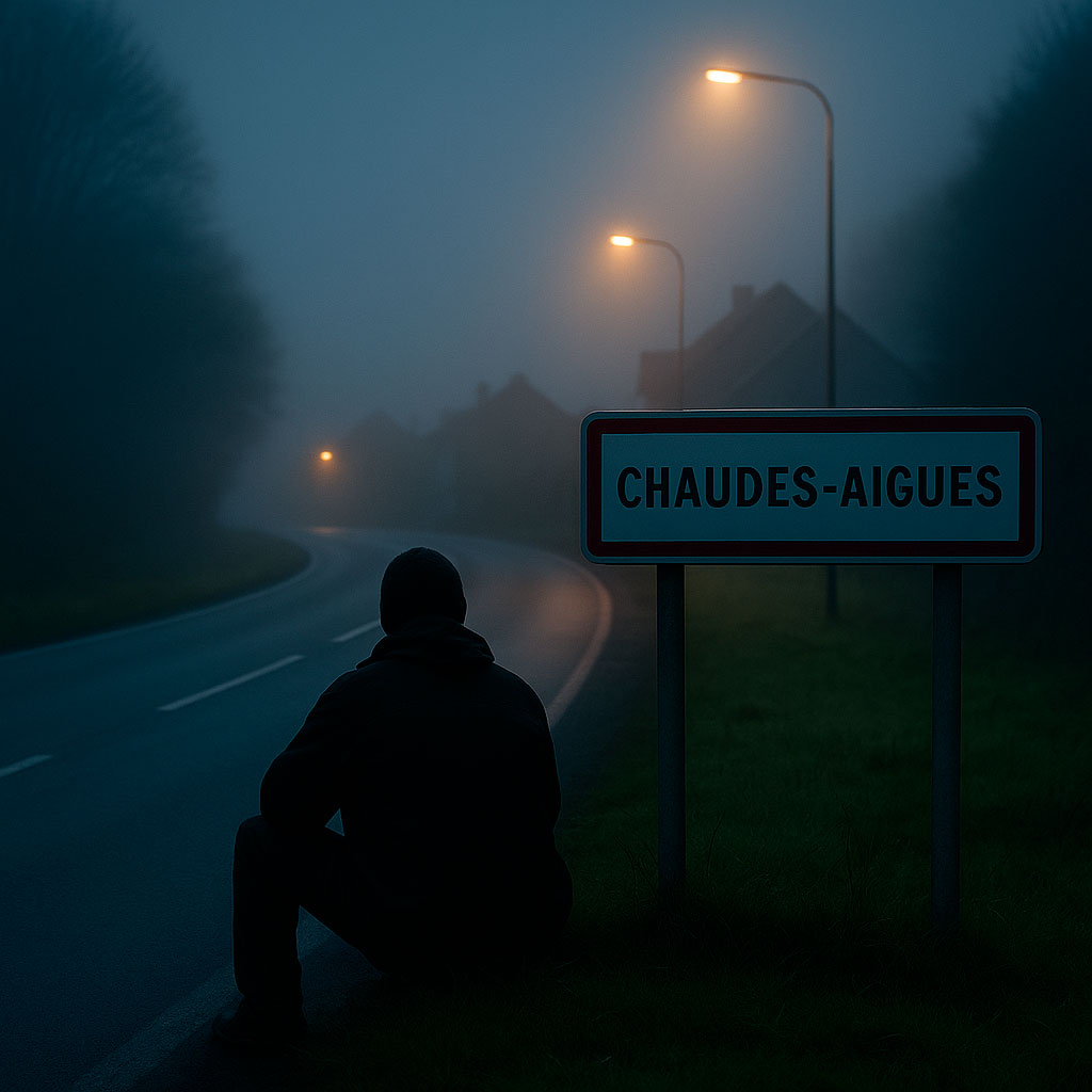 Homme en situation d’errance à l’entrée de Chaudes-Aigues, source d’inquiétude pour les habitants et les visiteurs.