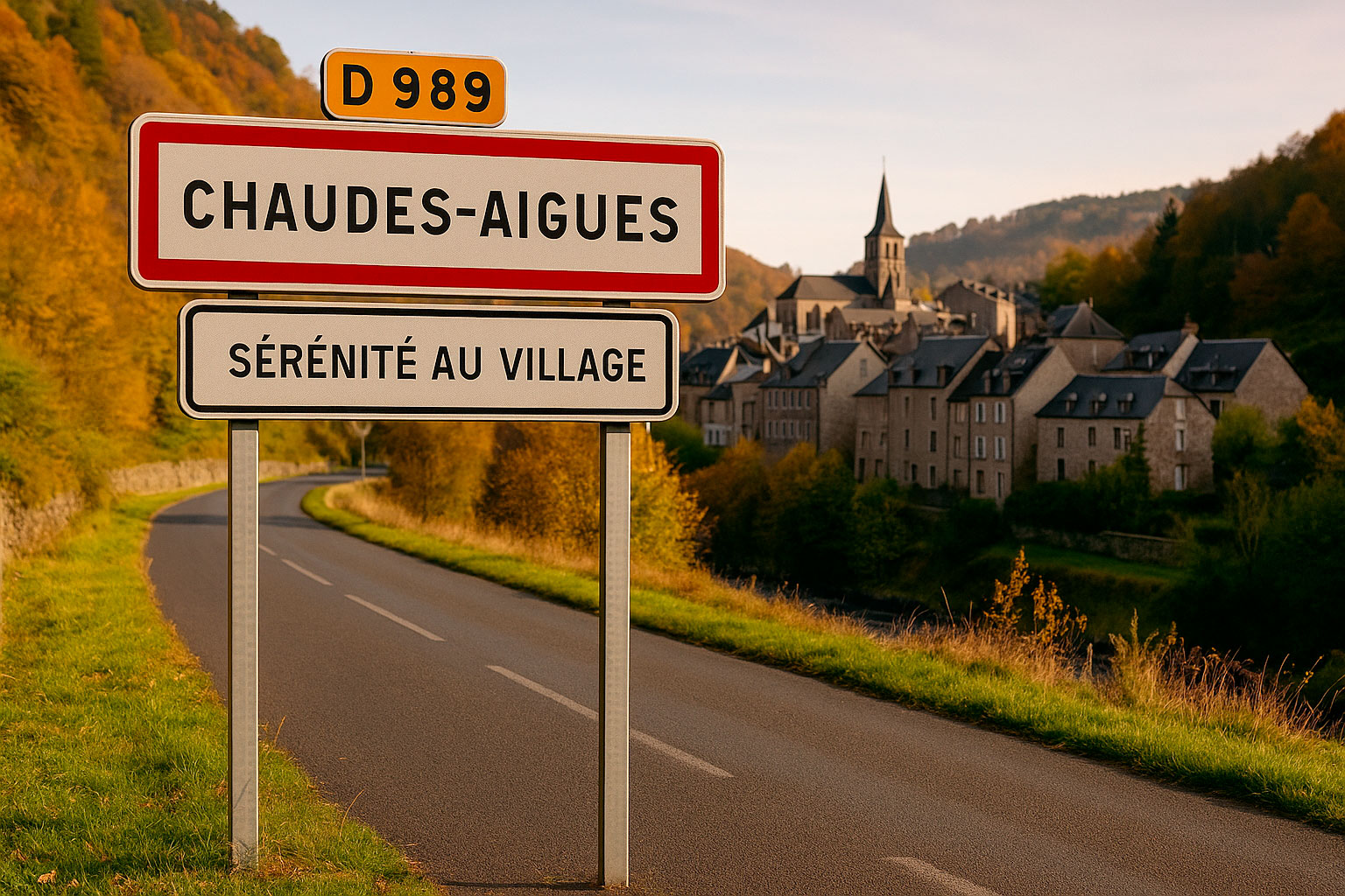 Panneau d’entrée de Chaudes-Aigues en format paysage, éclairé par une lumière douce, symbolisant le retour au calme et la sérénité dans le village.