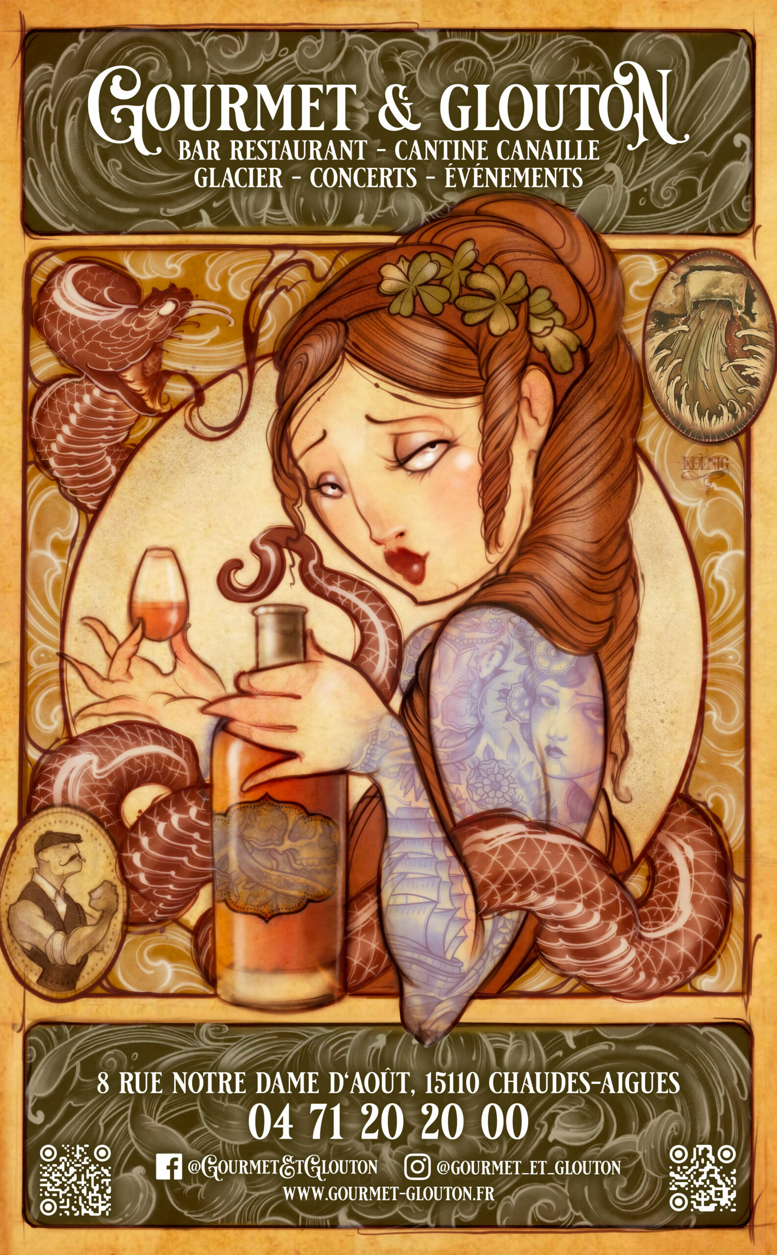 Affiche Art Nouveau réalisée par le tatoueur américain Dave Koenig pour Gourmet & Glouton à Chaudes-Aigues, représentant une femme tatouée tenant un verre et une bouteille
