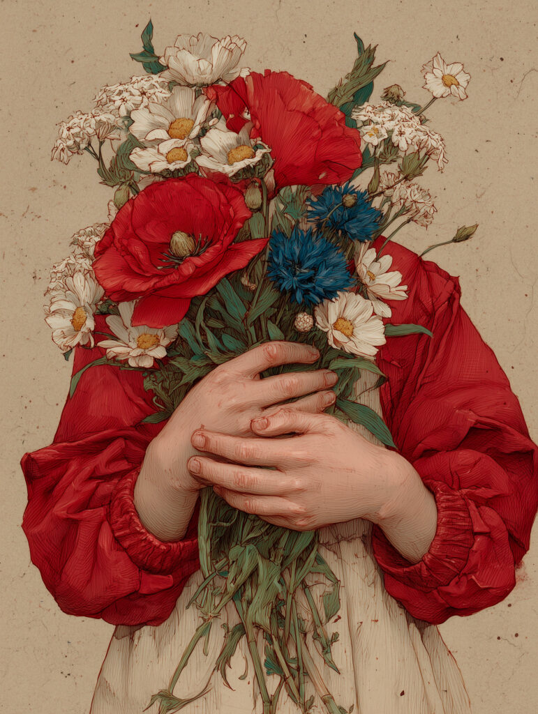 Bouquet symbolique de coquelicots rouges, bleuets et marguerites blanches tenu contre la poitrine par des mains d’enfant, illustration art nouveau sur fond papier ancien