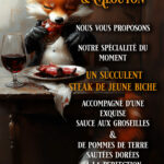 Assiette de biche grillée avec sauce grand veneur, pommes de terre sautées, servie avec un verre et une bouteille de Châteauneuf-du-Pape au restaurant Gourmet & Glouton à Chaudes-Aigues.