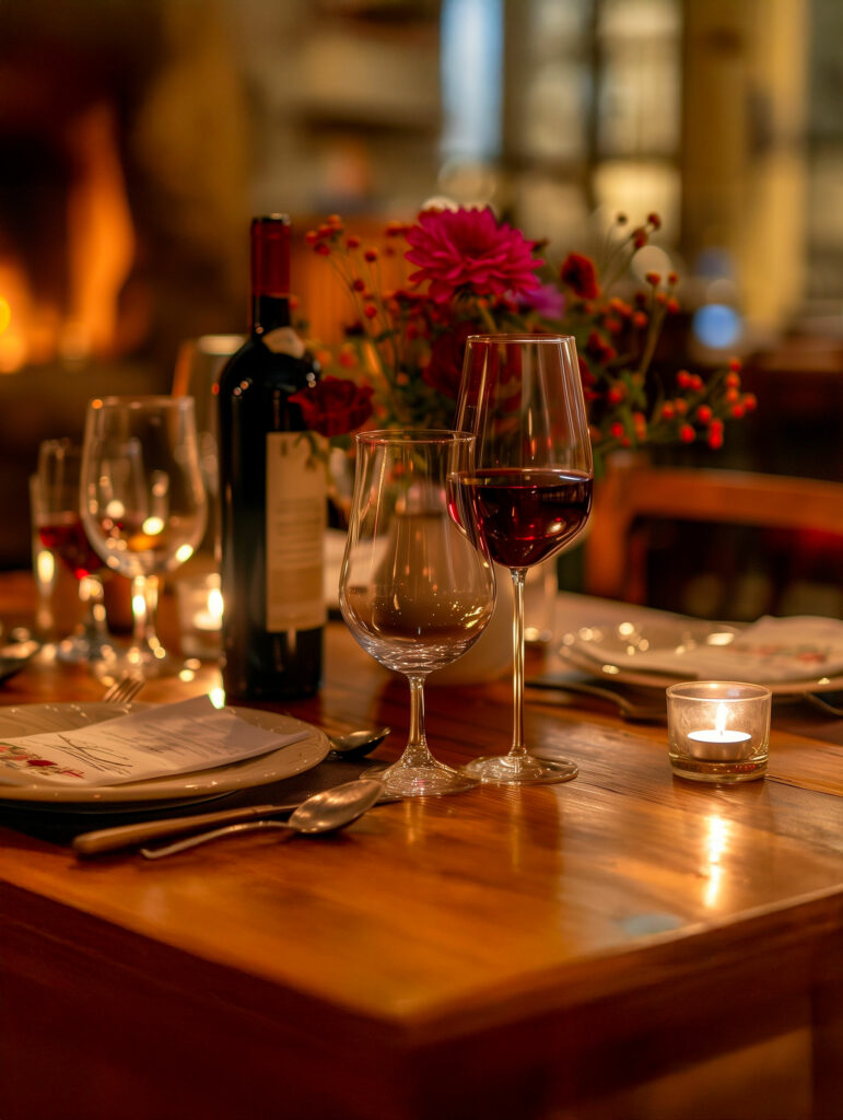 Table dressée dans une ambiance chaleureuse et romantique au restaurant Gourmet & Glouton à Chaudes-Aigues, avec verres à vin, vin rouge, bougies et fleurs.