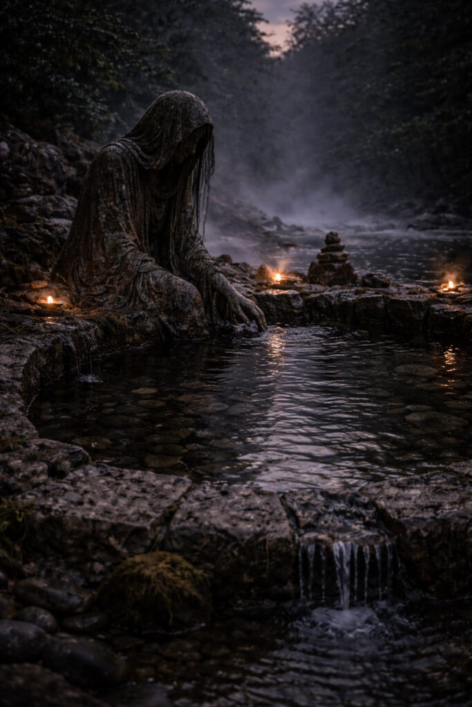 Figure symbolique de Damona au bord d’une source d’eau chaude, évoquant le soin et le temps long à Chaudes-Aigues