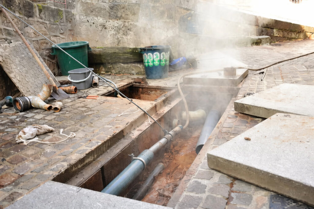 Canalisations d’eau chaude fumantes traversant le cœur du village de Chaudes-Aigues avant rejet dans la rivière