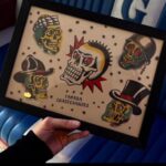 Dessins etPlanche de flashs de tatouage traditionnel encadrée, dessins de Tamara Chaudesaiguesflashs de tatouage traditionnel réalisés par Tamara Chaudesaigues à l’atelier Graphicaderme