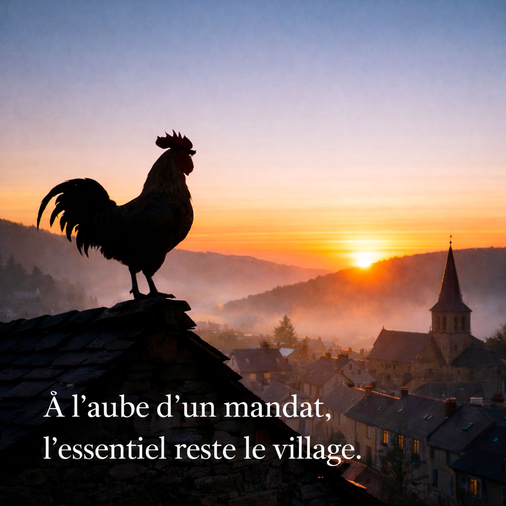 Lever de soleil sur Chaudes-Aigues avec coq en silhouette et citation sur le village