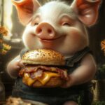 Illustration d’un petit cochon tenant un burger cheddar bacon façon Double G à Chaudes-Aigues