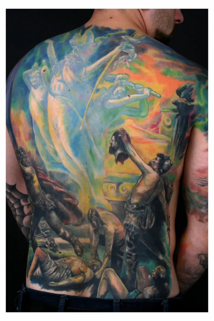 Grande pièce de tatouage réalisée en Auvergne dans le studio de Chaudes-Aigues