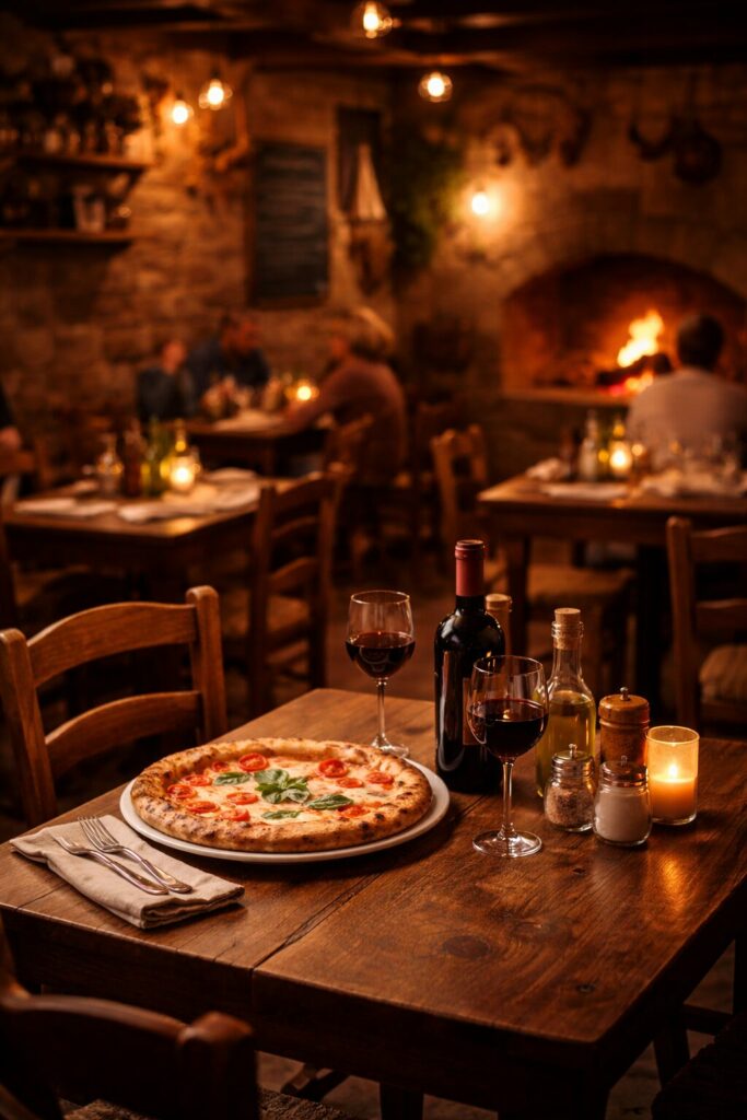 ambiance trattoria feu cheminée restaurant chaudes-aigues pizza