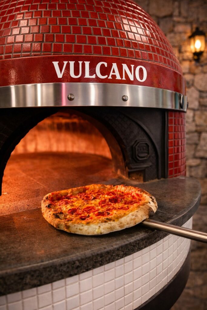 Pizza cuite au feu de bois dans un four Vulcano dans une trattoria à Chaudes-Aigues dans le Cantal