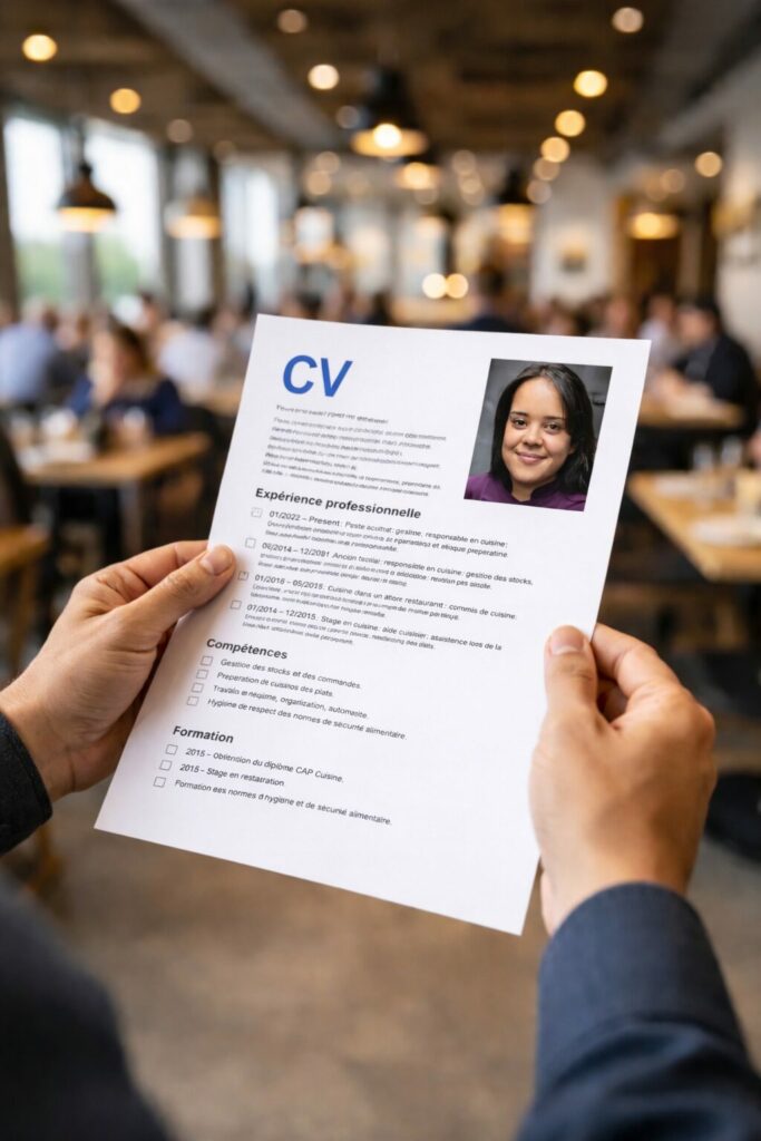 recrutement en restauration lecture d’un CV avec portrait de Lisa Simao en cuisine