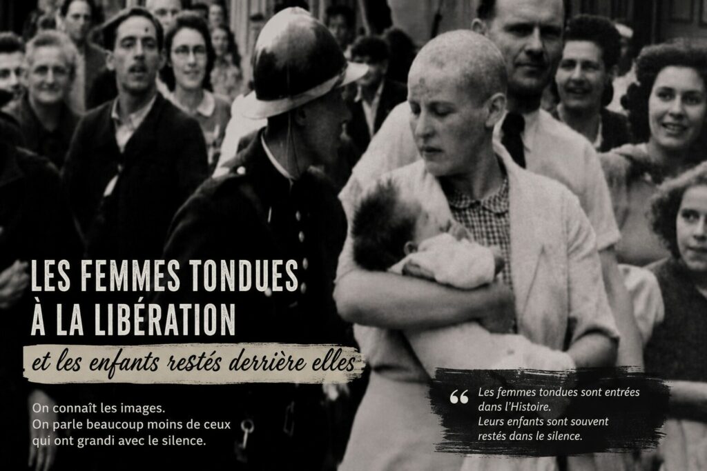 Femme tondue à la Libération tenant son enfant dans les bras sous le regard de la foule en France en 1944