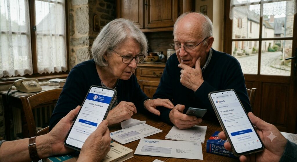 Un couple de seniors dans un intérieur traditionnel en bois, l'air inquiet et dépassé en consultant des démarches administratives obligatoires sur deux écrans de téléphones portables.