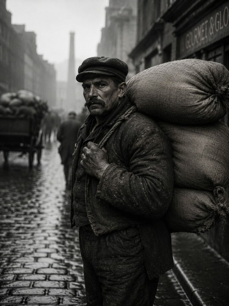 Bougnat auvergnat portant des sacs dans une rue populaire du vieux Paris