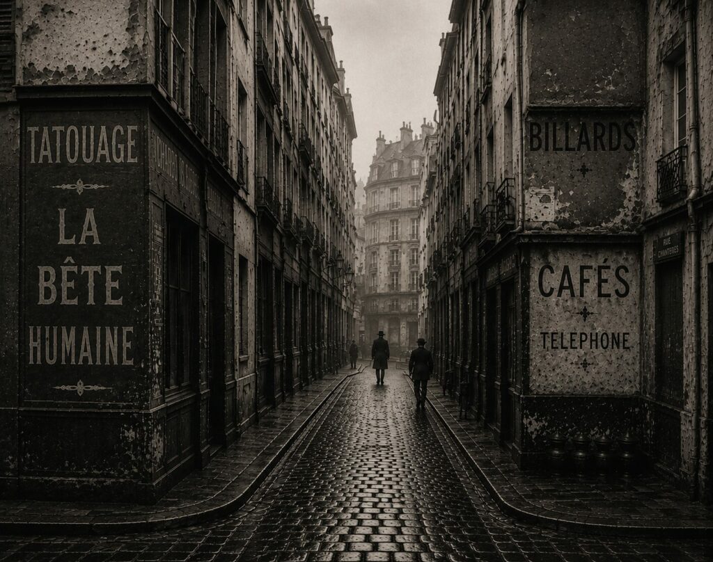 Rue étroite du vieux Paris populaire avec enseigne La Bête Humaine et ambiance de cafés-charbons