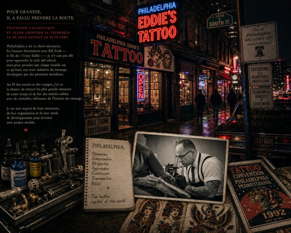 Ambiance nocturne devant Crazy Eddie’s Tattoo à Philadelphie avec Stéphane Chaudesaigues au travail dans l’univers du tatouage américain