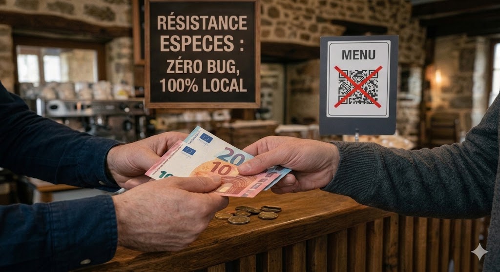 Échange de billets de banque en espèces au comptoir d'un restaurant avec un panneau Résistance Espèces et un QR code de menu barré.