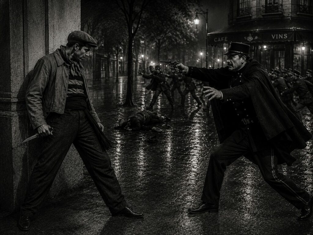 Face-à-face entre un Apache armé d'un couteau et un agent de police dans une rue du Paris populaire à la Belle Époque.