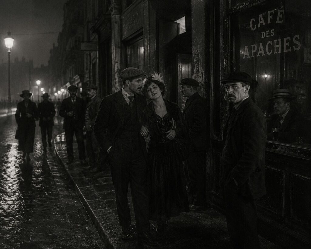 Apache et gigolette devant un café des faubourgs parisiens durant la Belle Époque.