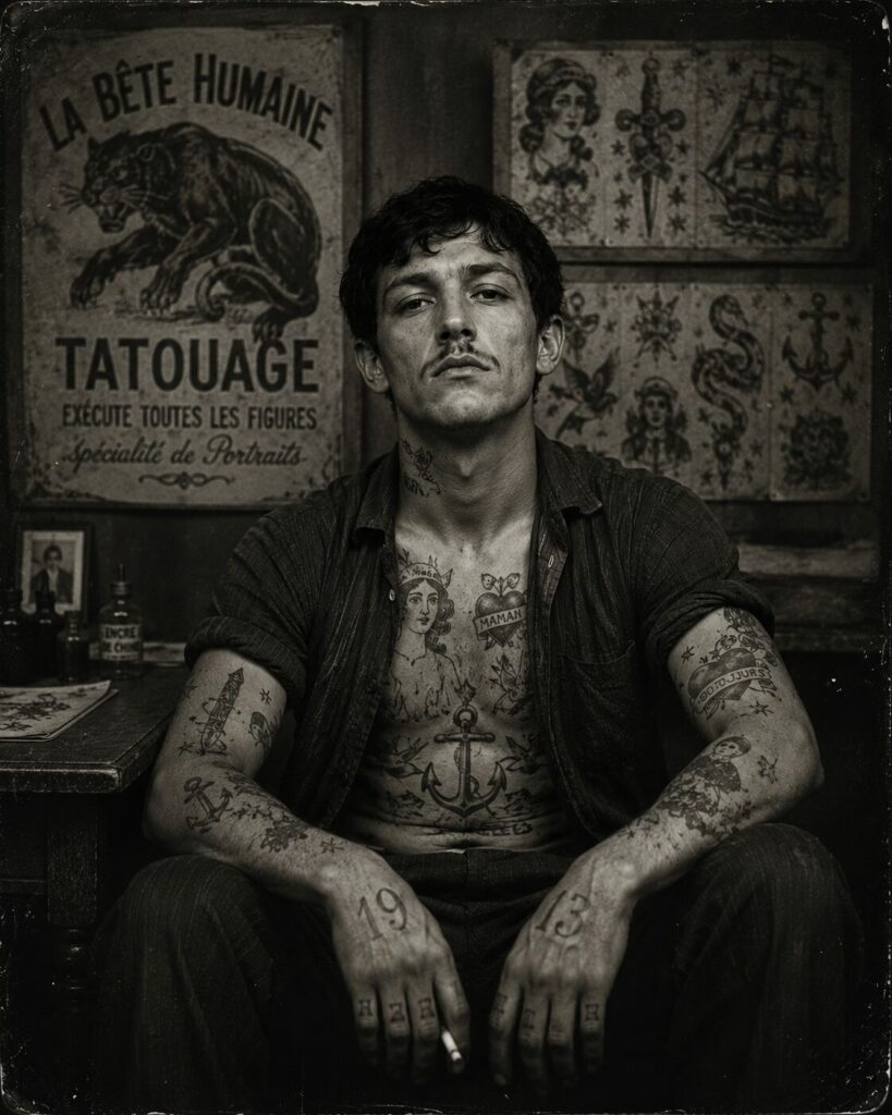 Jeune Apache tatoué posant dans un atelier de tatouage du Paris populaire à la Belle Époque.