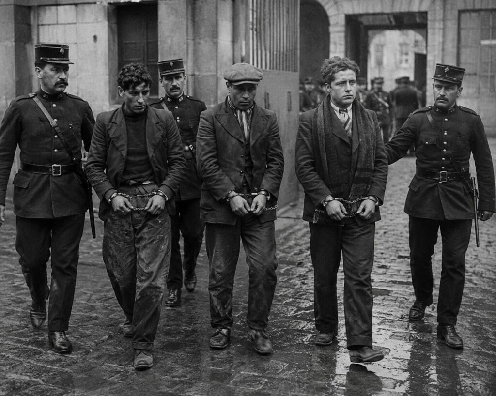 Membres présumés d'une bande d'Apaches escortés par la police dans les rues du Paris populaire à la Belle Époque.