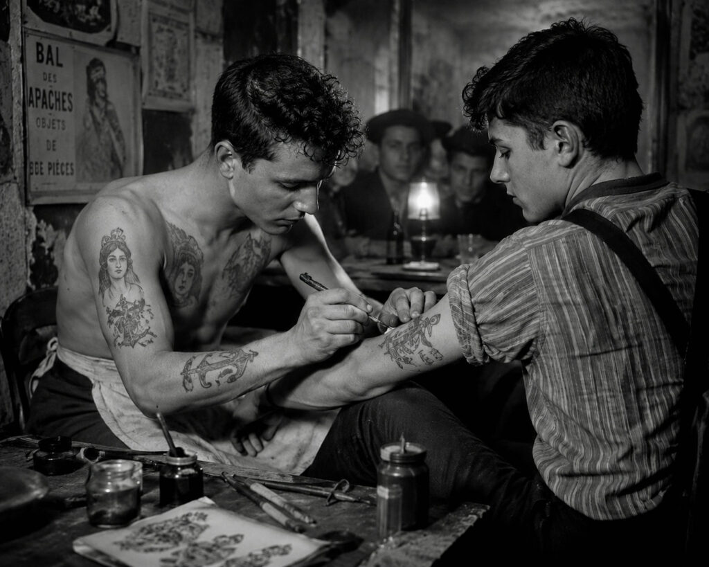 Jeune Apache tatouant un compagnon dans un cabaret des faubourgs parisiens à la Belle Époque.
