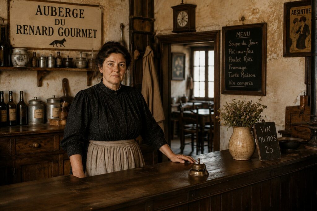 Aubergiste tenant le comptoir de l'Auberge du Renard Gourmet dans une auberge traditionnelle française