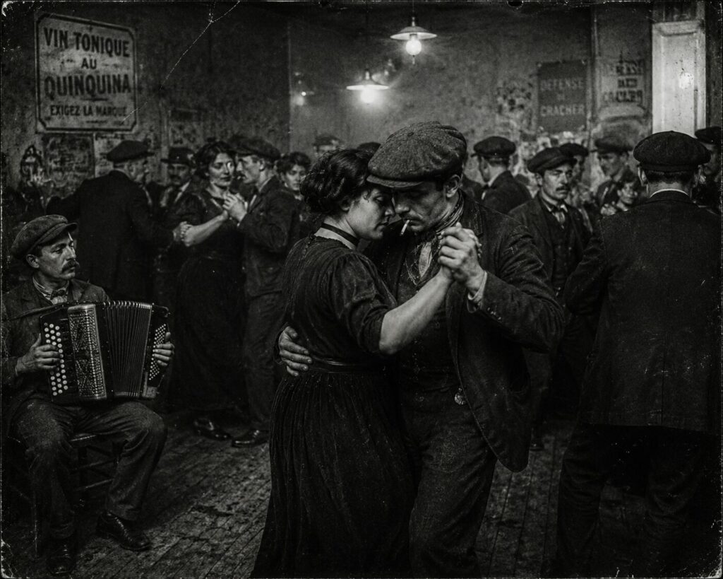 Apache et gigolette dansant lors d'un bal populaire du Paris des faubourgs à la Belle Époque.