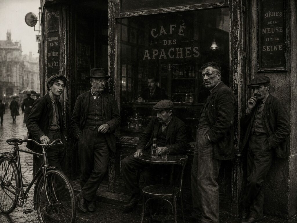 Groupe d'Apaches rassemblés devant un café des faubourgs parisiens à la Belle Époque.