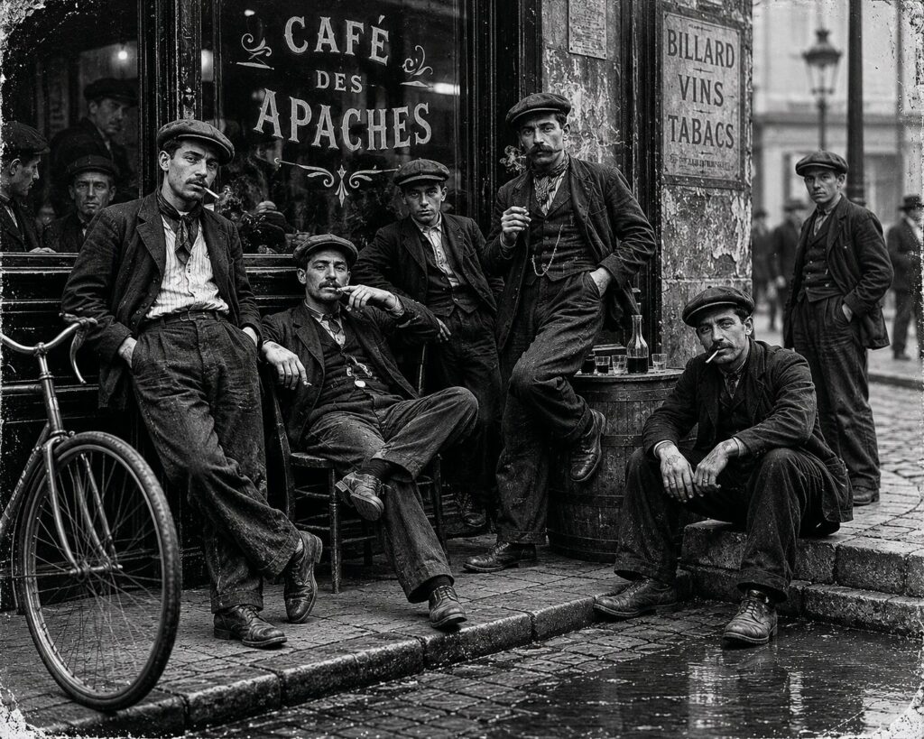 Groupe d’hommes devant un café populaire parisien au début du XXe siècle, illustration de l’univers des Apaches de Paris, des classes populaires et de la mémoire canaille française.