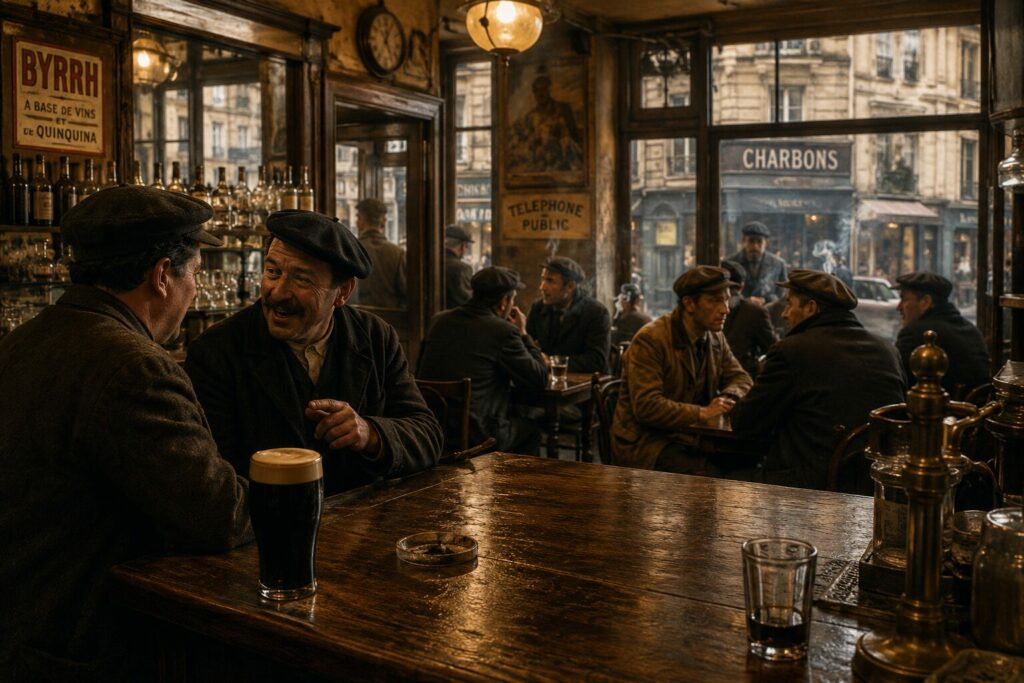 Café populaire tenu par des bougnats au début du XXe siècle à Paris, lieu de rencontre, de travail et de convivialité évoquant l’histoire des Auvergnats et des cafés populaires