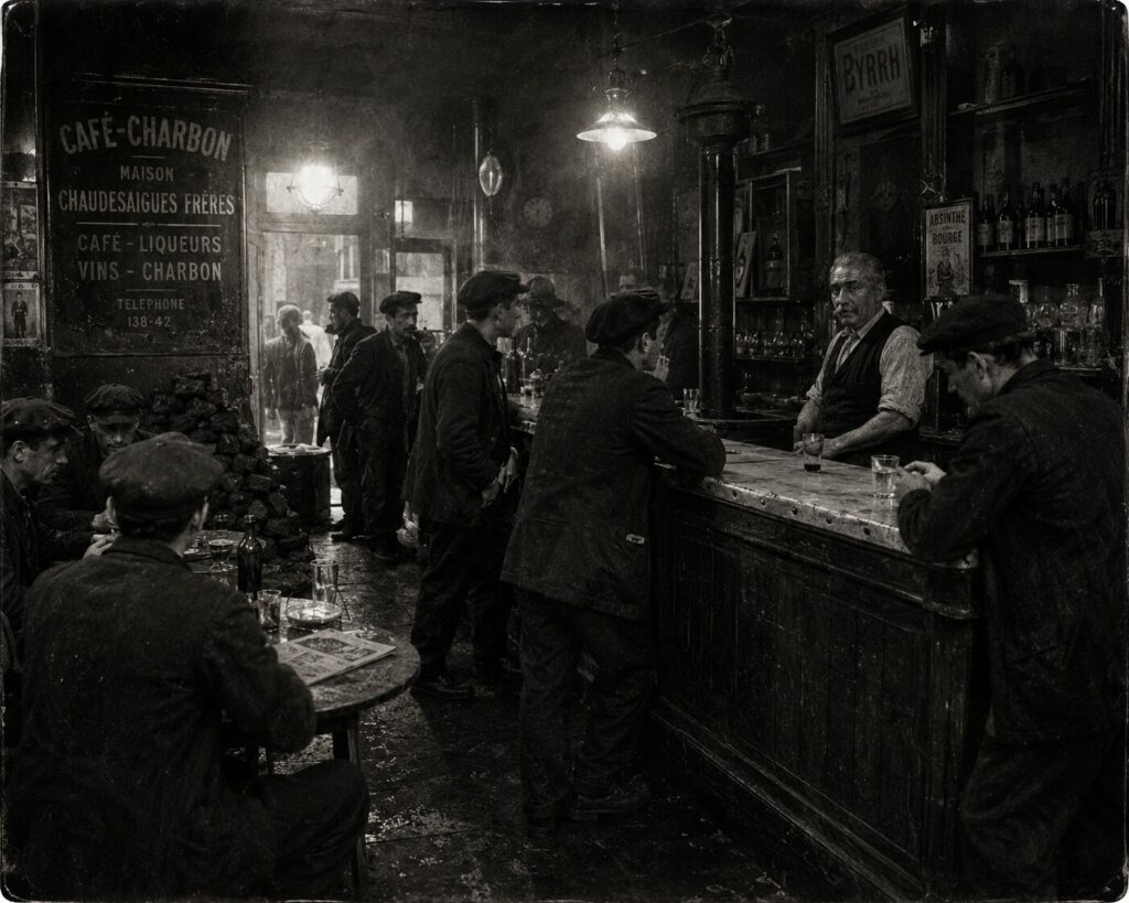 Intérieur d'un café-charbon tenu par les Chaudesaigues dans le Paris populaire du début du XXe siècle.