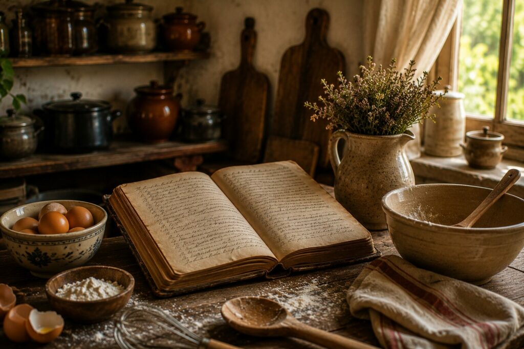Ancien cahier de recettes manuscrites entouré d'ustensiles de cuisine traditionnels