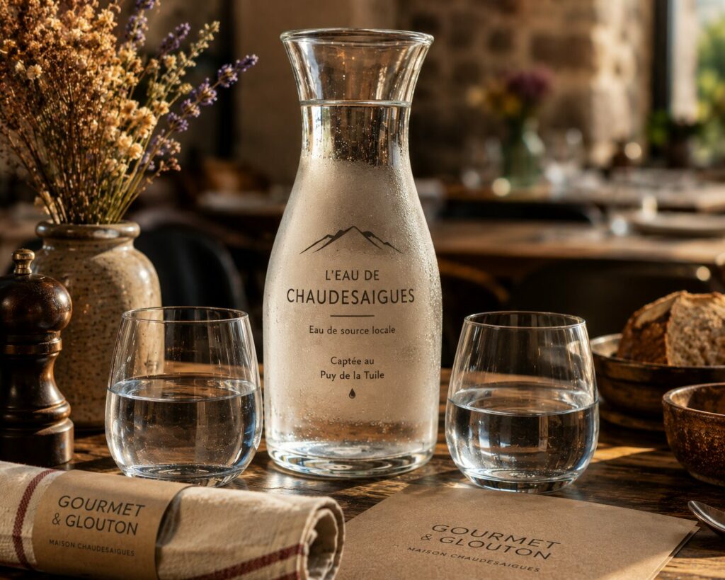 Carafe de L'Eau de Chaudesaigues, eau de source locale captée au Puy de la Tuile, servie fraîche chez Gourmet & Glouton à Chaudes-Aigues.