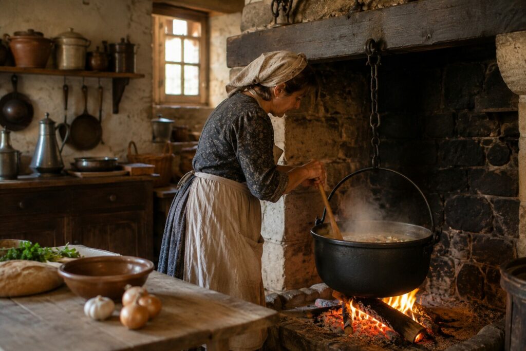 Préparation d'une soupe dans une cuisine traditionnelle inspirée du terroir auvergnat