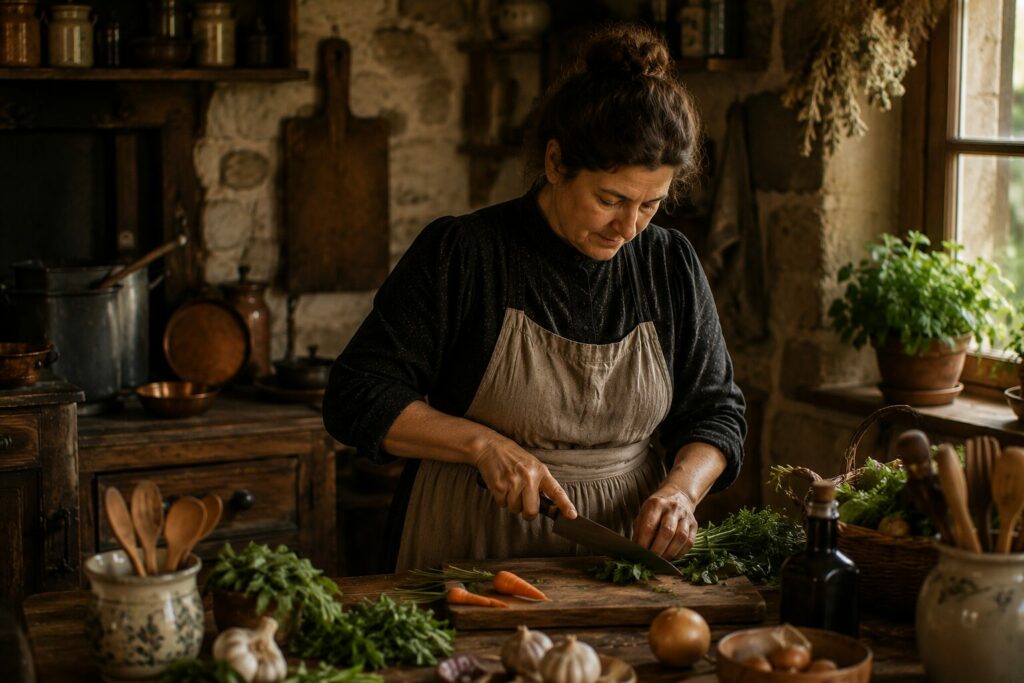 Femme préparant des légumes dans une cuisine traditionnelle inspirée du terroir français
