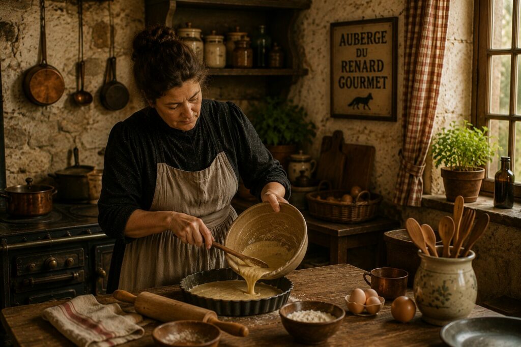 Femme préparant une tarte dans une cuisine traditionnelle inspirée des auberges françaises d'autrefois