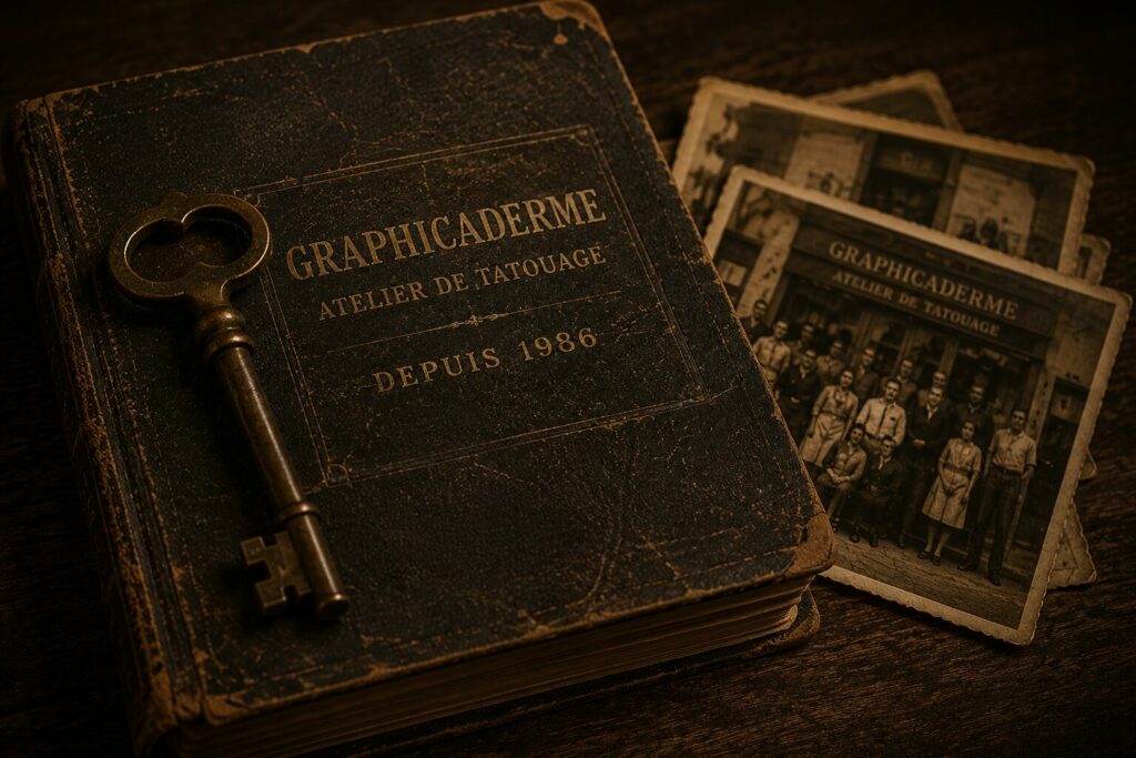 Ancien registre accompagné d’une clé et de photographies de l’atelier Graphicaderme depuis 1986, symbole de transmission, d’héritage et de mémoire familiale