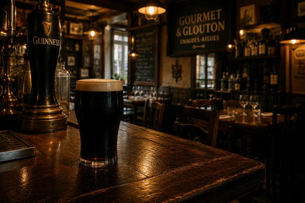 Pinte de Guinness servie chez Gourmet & Glouton à Chaudes-Aigues dans l’ambiance chaleureuse d’un restaurant inspiré des traditions populaires et de l’hospitalité