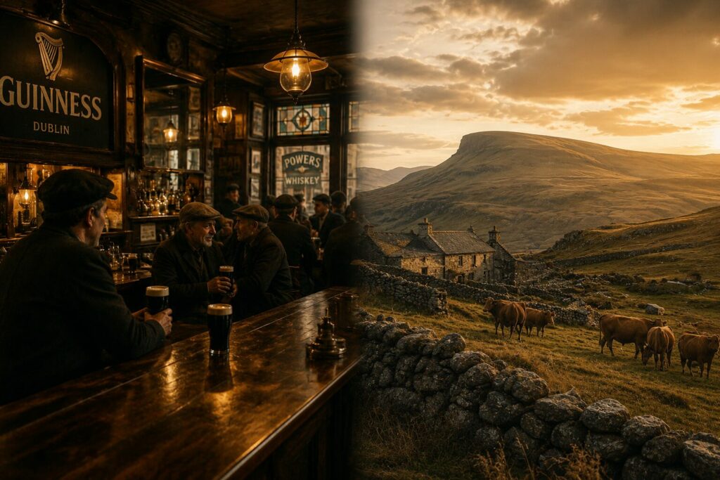 Pub irlandais et paysage d’Auvergne réunis dans une même image illustrant les liens entre la Guinness, les bougnats, l’hospitalité et les traditions populaires
