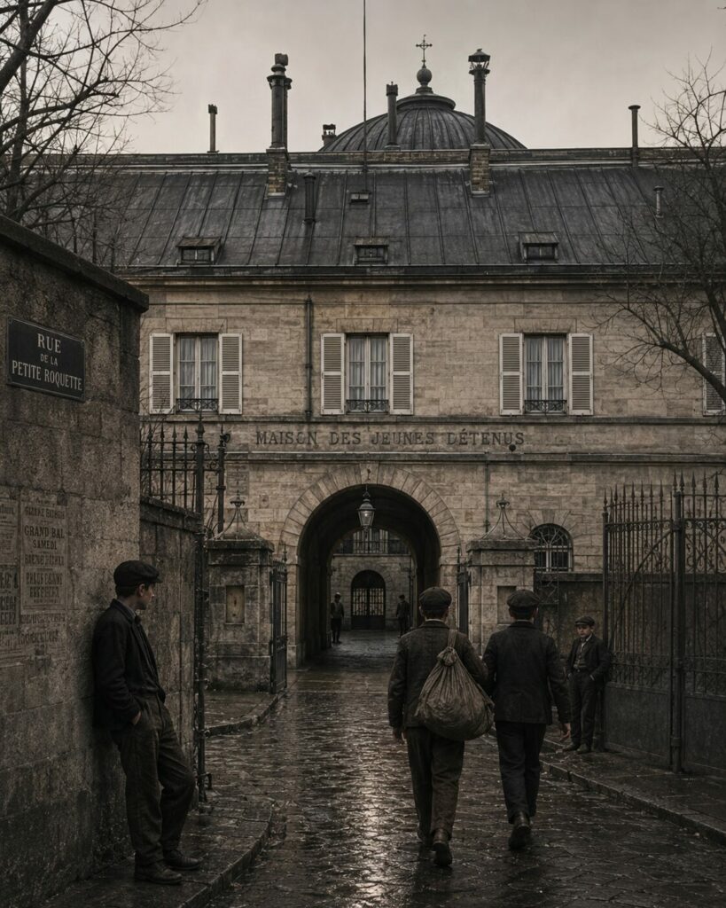 Entrée de la Maison des Jeunes Détenus de la Petite Roquette à Paris au XIXe siècle, avec plusieurs jeunes devant les murs de l’établissement.