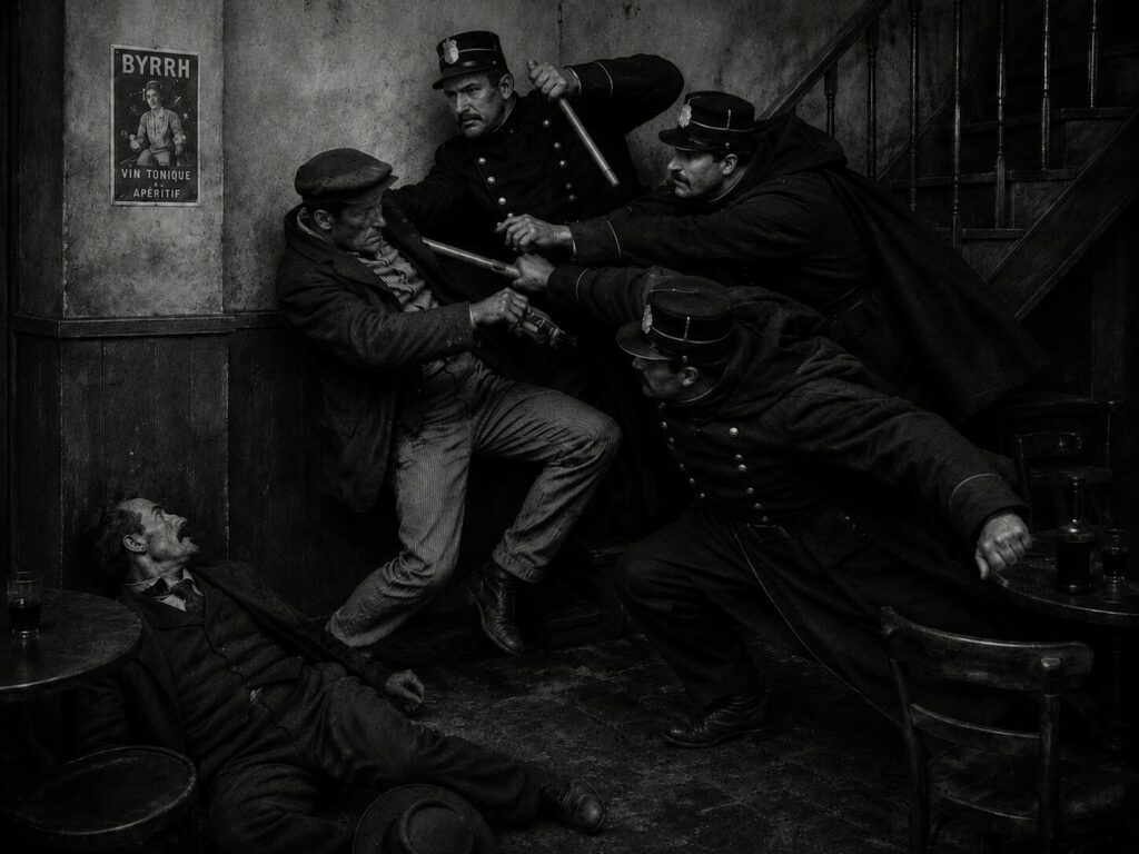 Arrestation d'un Apache parisien par plusieurs agents de police dans un café des faubourgs à la Belle Époque.