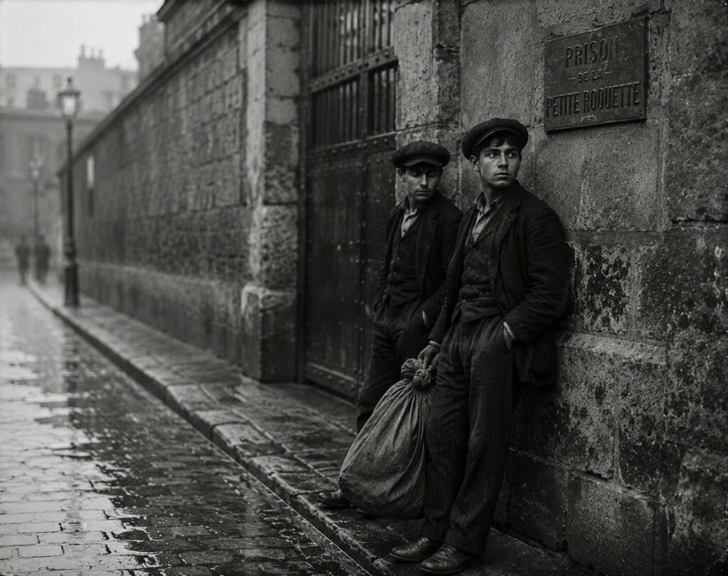 Jeunes garçons devant les murs de la prison de la Petite Roquette à Paris au XIXe siècle.