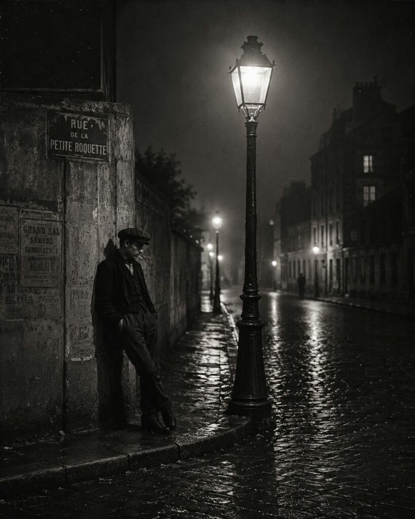Rue de la Petite Roquette à Paris de nuit, devant les murs de l’ancienne prison pour mineurs au XIXe siècle.